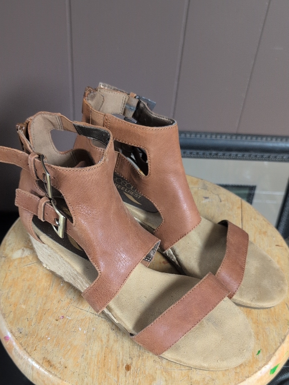 AEROSOLES Tan Cutout Wedge Sandals with Buckle Straps